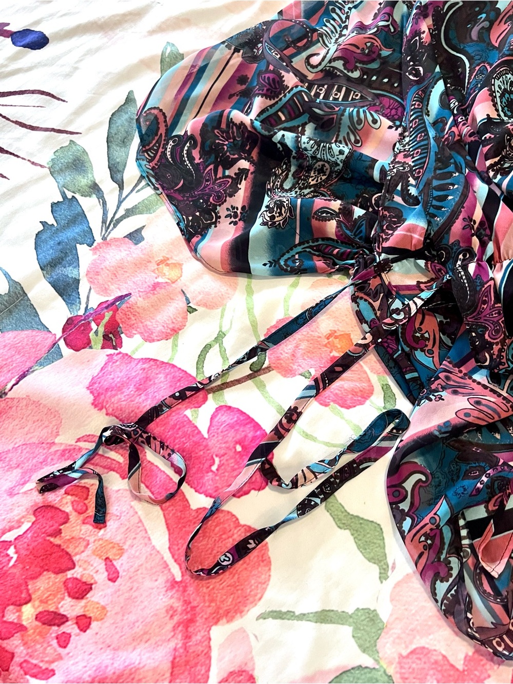 Bisou Bisou Sheer Paisley Tie-Front Blouse in Pink, Blue & Brown - Picture 5 of 9